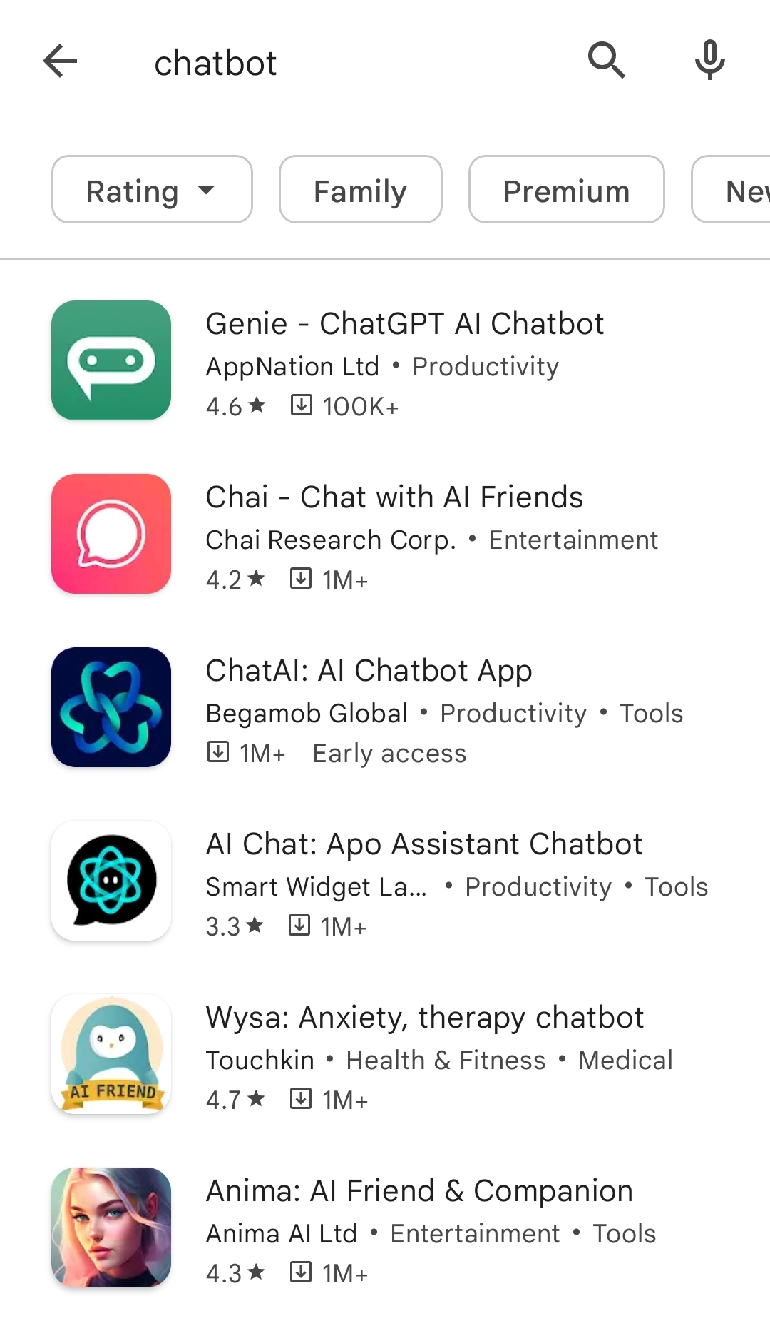 google play search results for chatbot