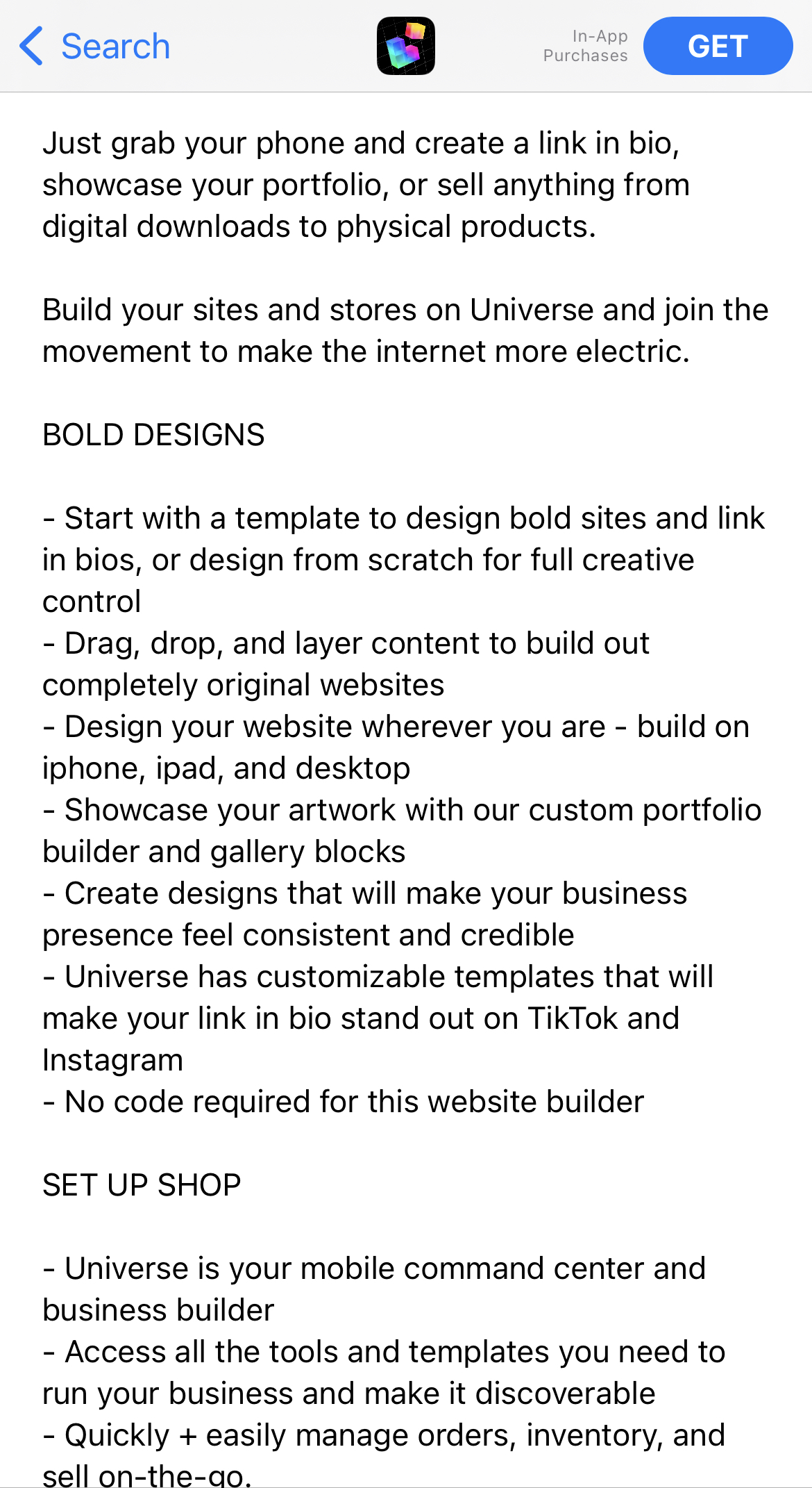 universe website builder app store description universe website builder app description