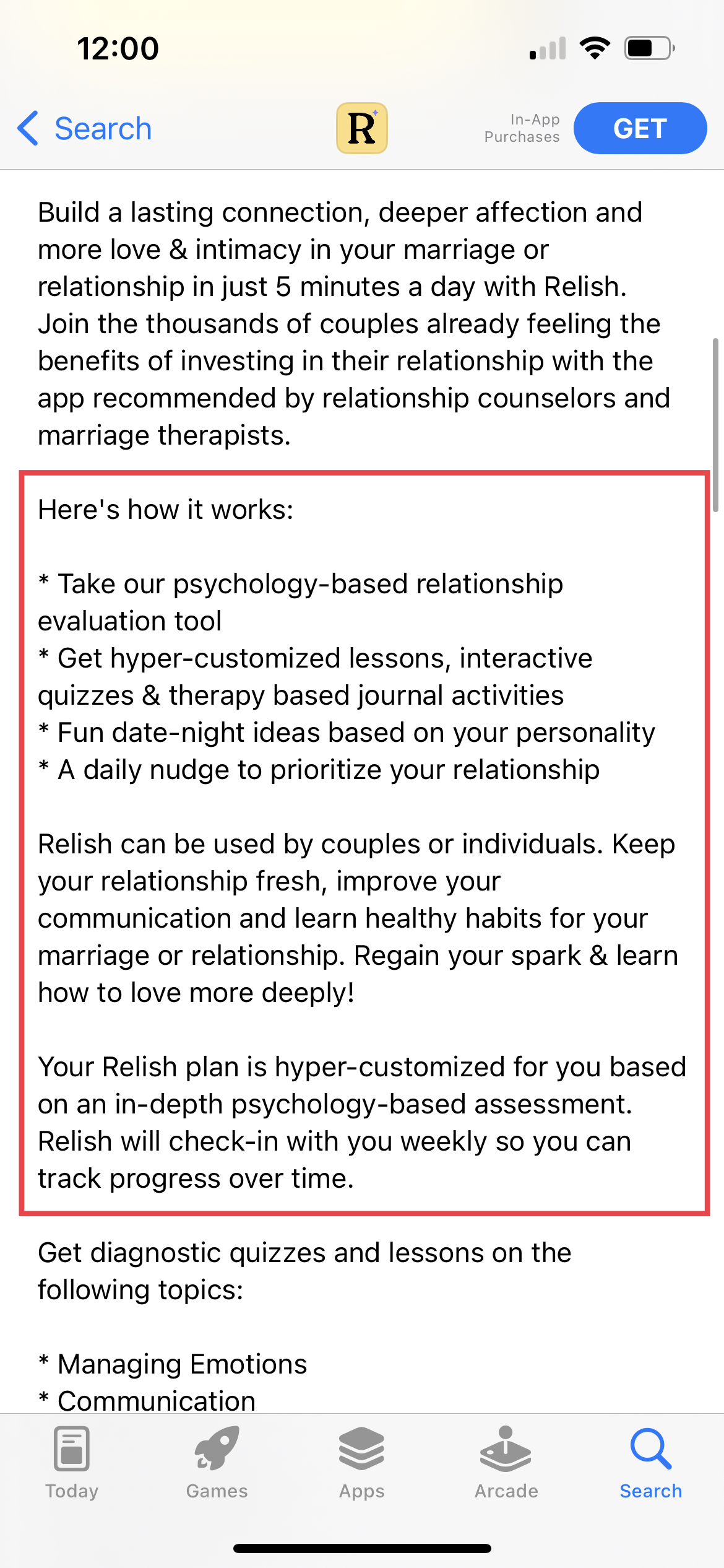 relish app store screenshot with a red box highlighting the description