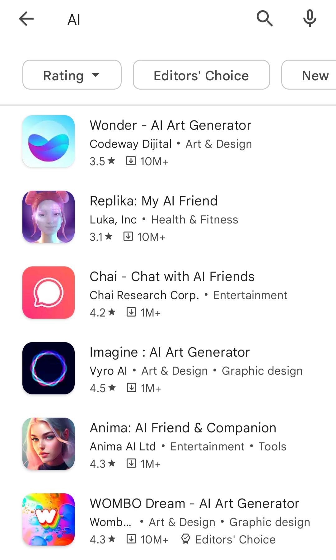 google play search results for ai