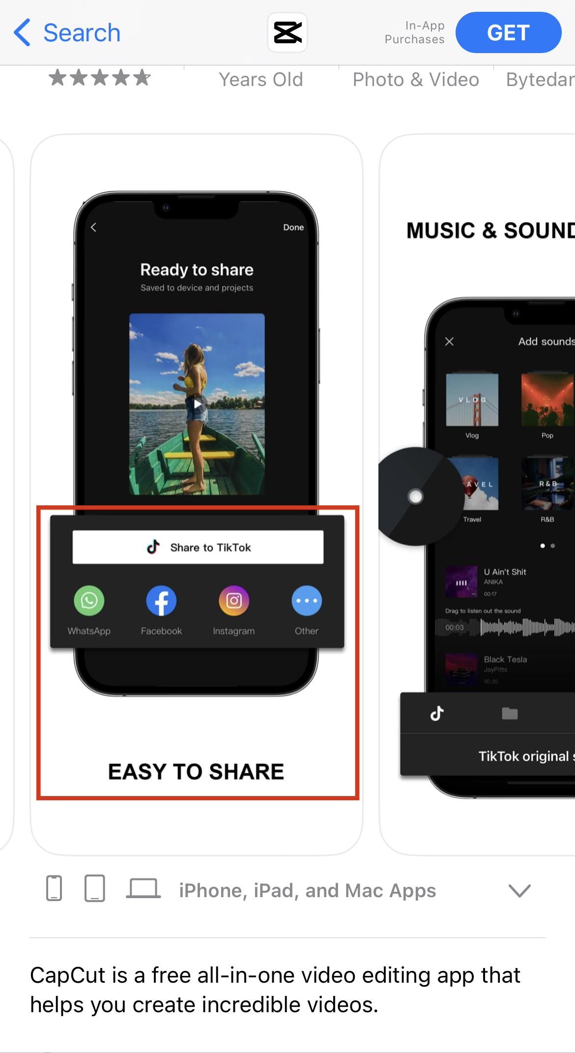 capcut screenshot highlighting the "easy to share" function within the image
