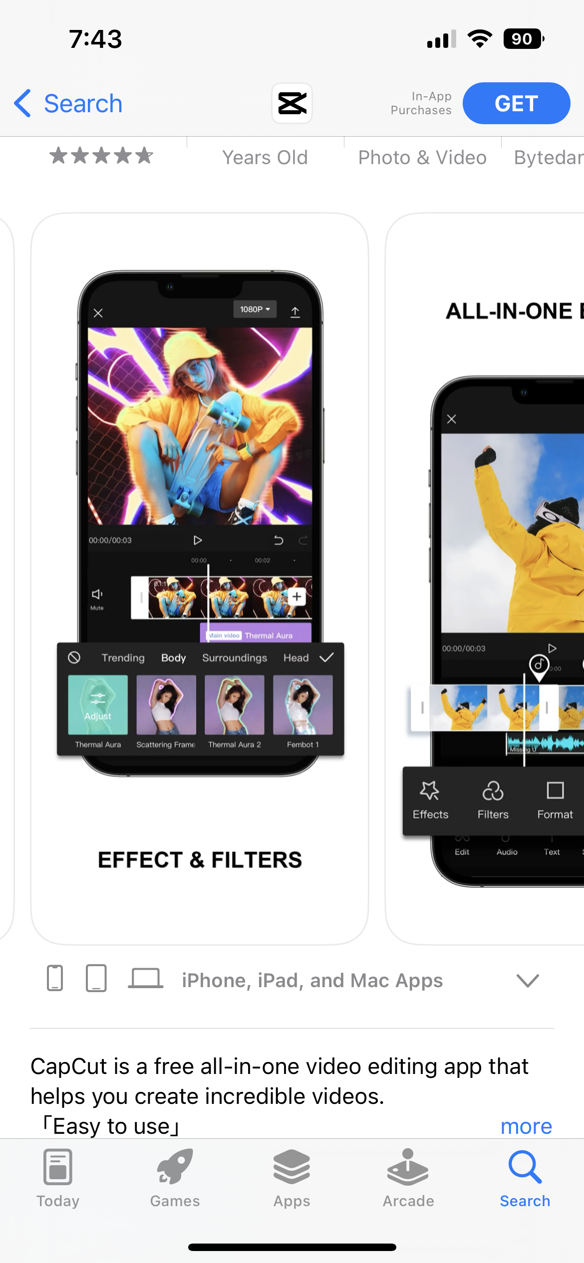Capcut app store screenshots highlighting "effects and filters"