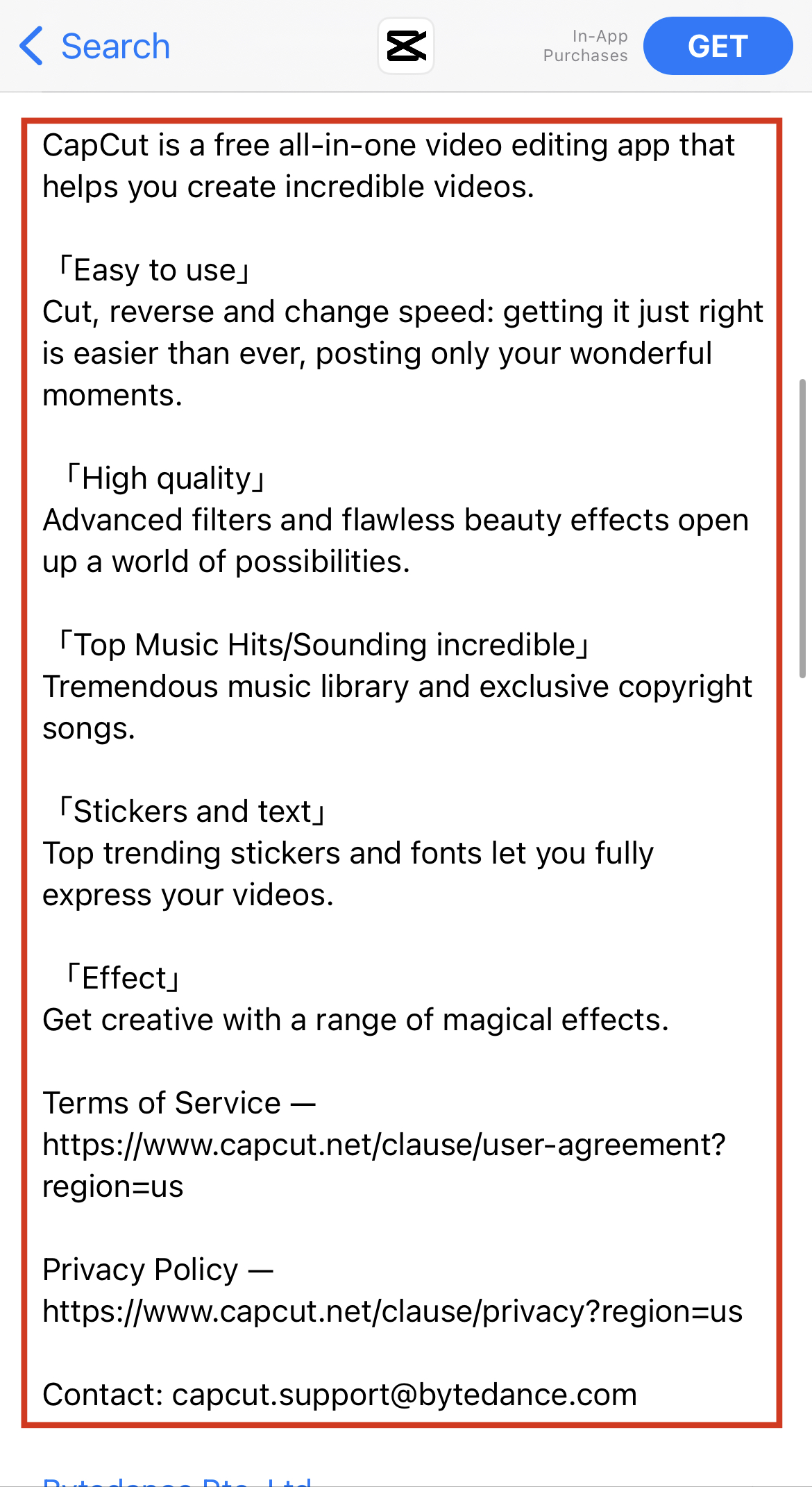 capcut apple app store description with red box surrounding