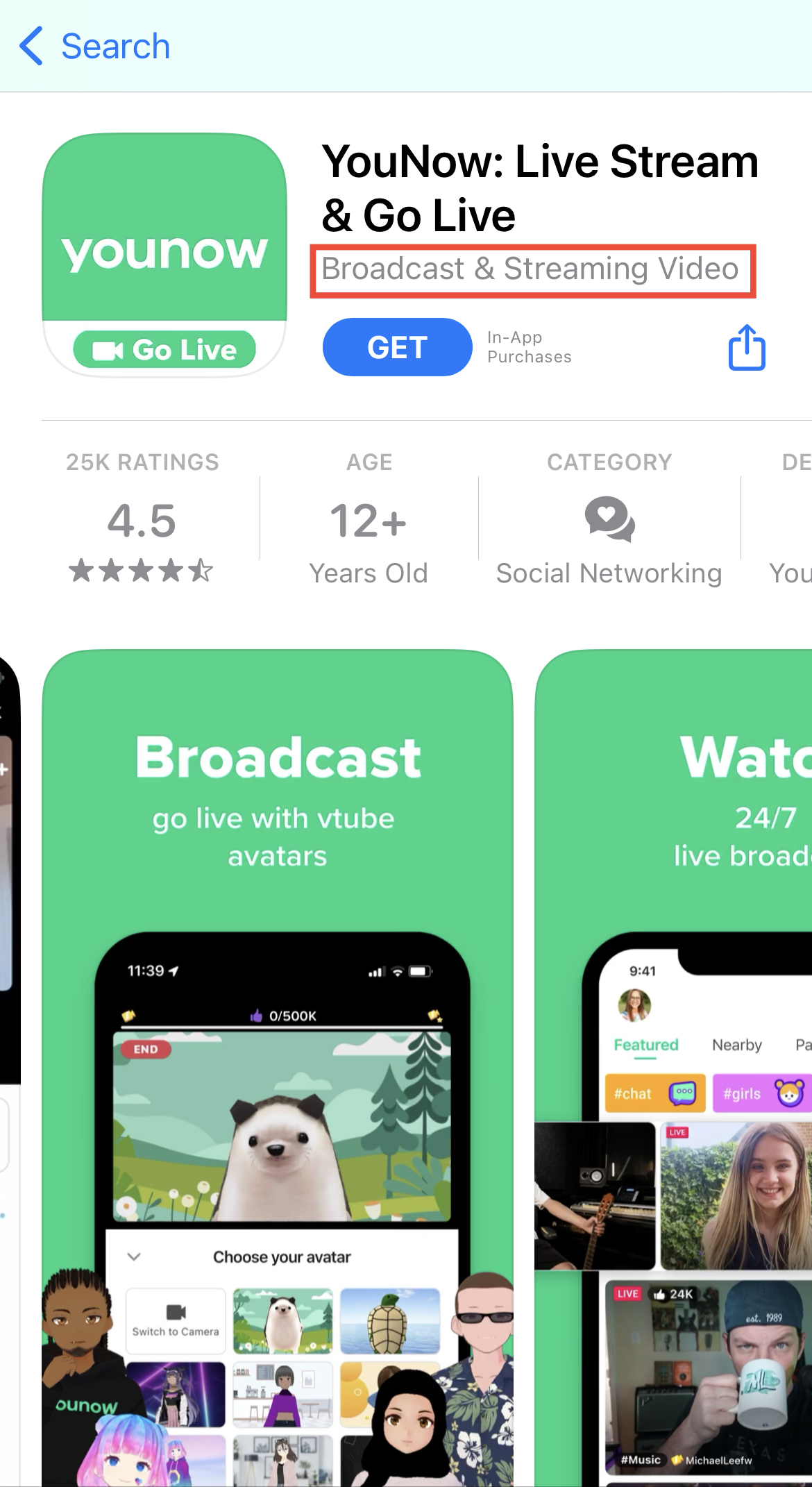 YouNow Streaming Apple App Store Subtitle you now streaming app store subtitle highlighted in red box