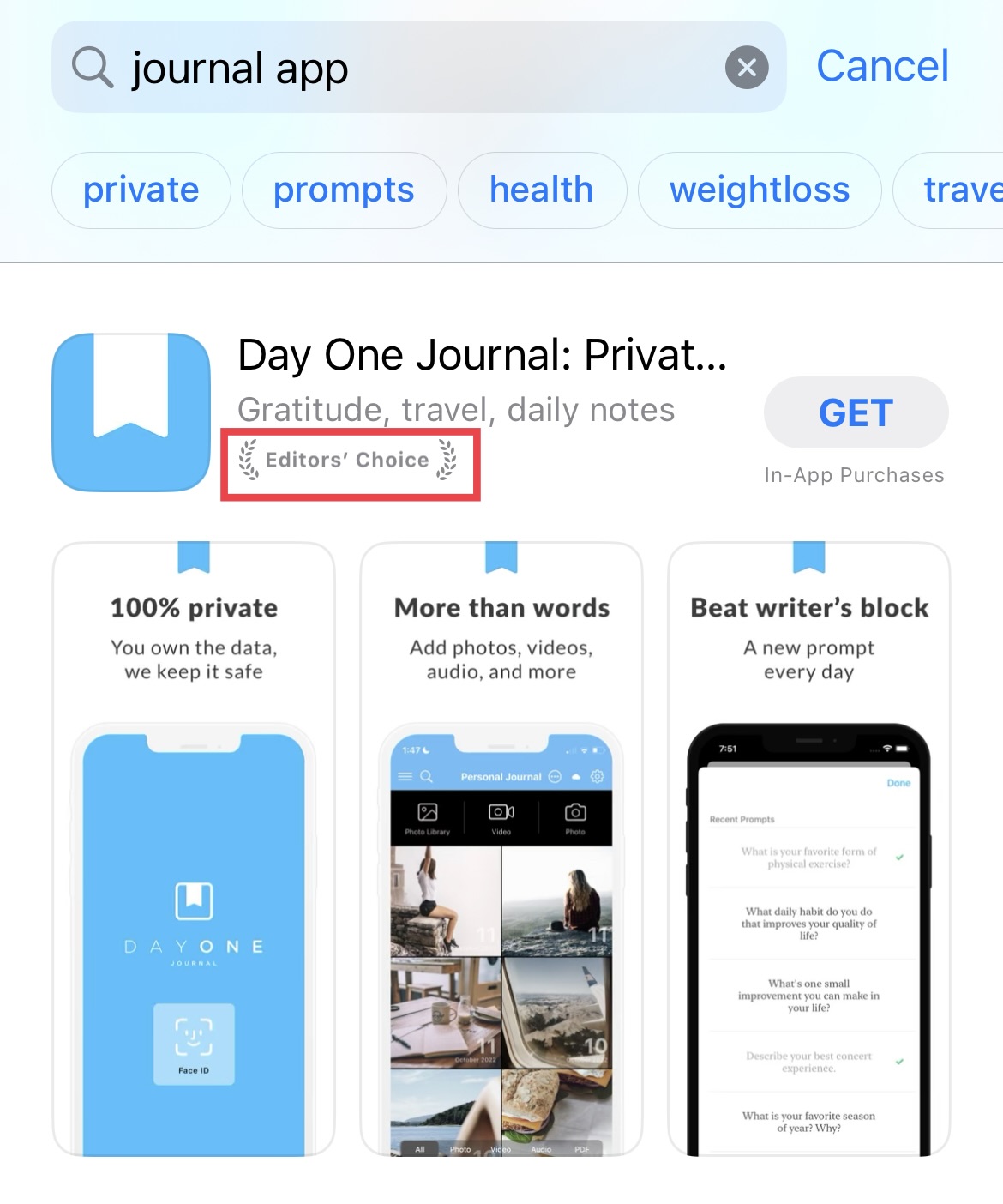 Day One Journal App Store day one journal apple app store listing with editors choice award