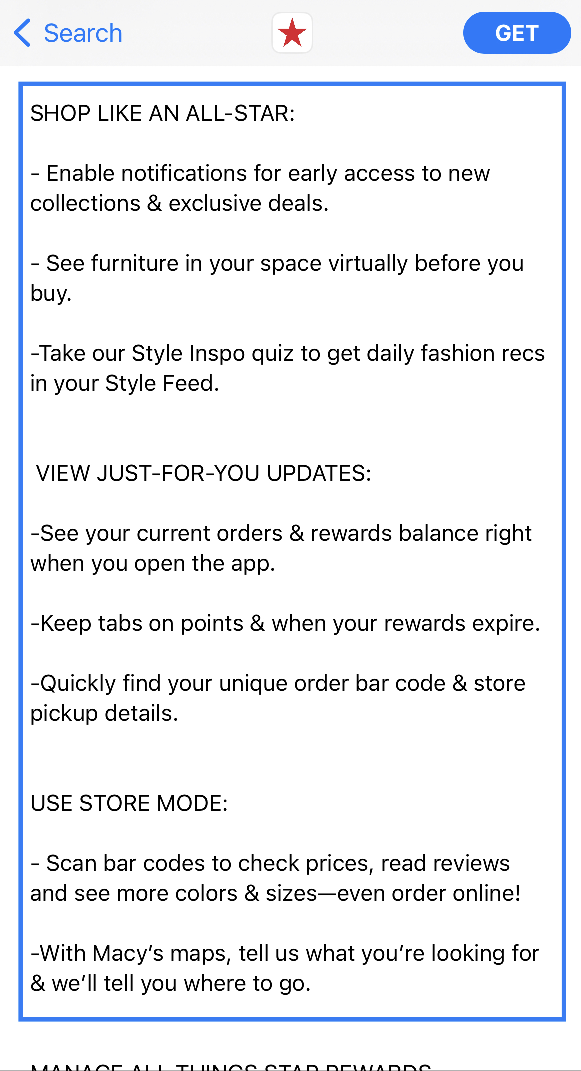 macy's apple app store description highlighted in a blue box