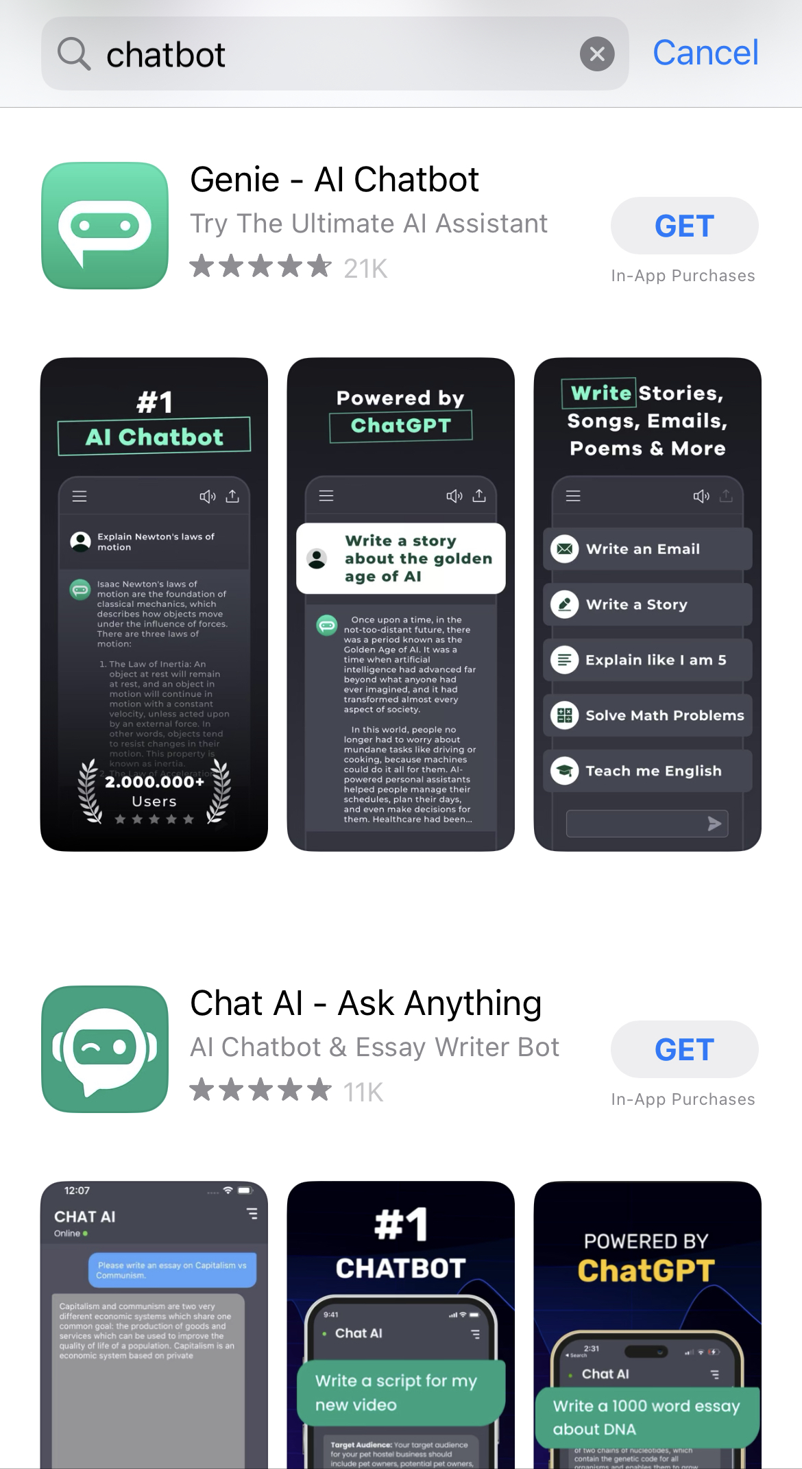 app store results for chatbot including genie ai chatbot and chat ai