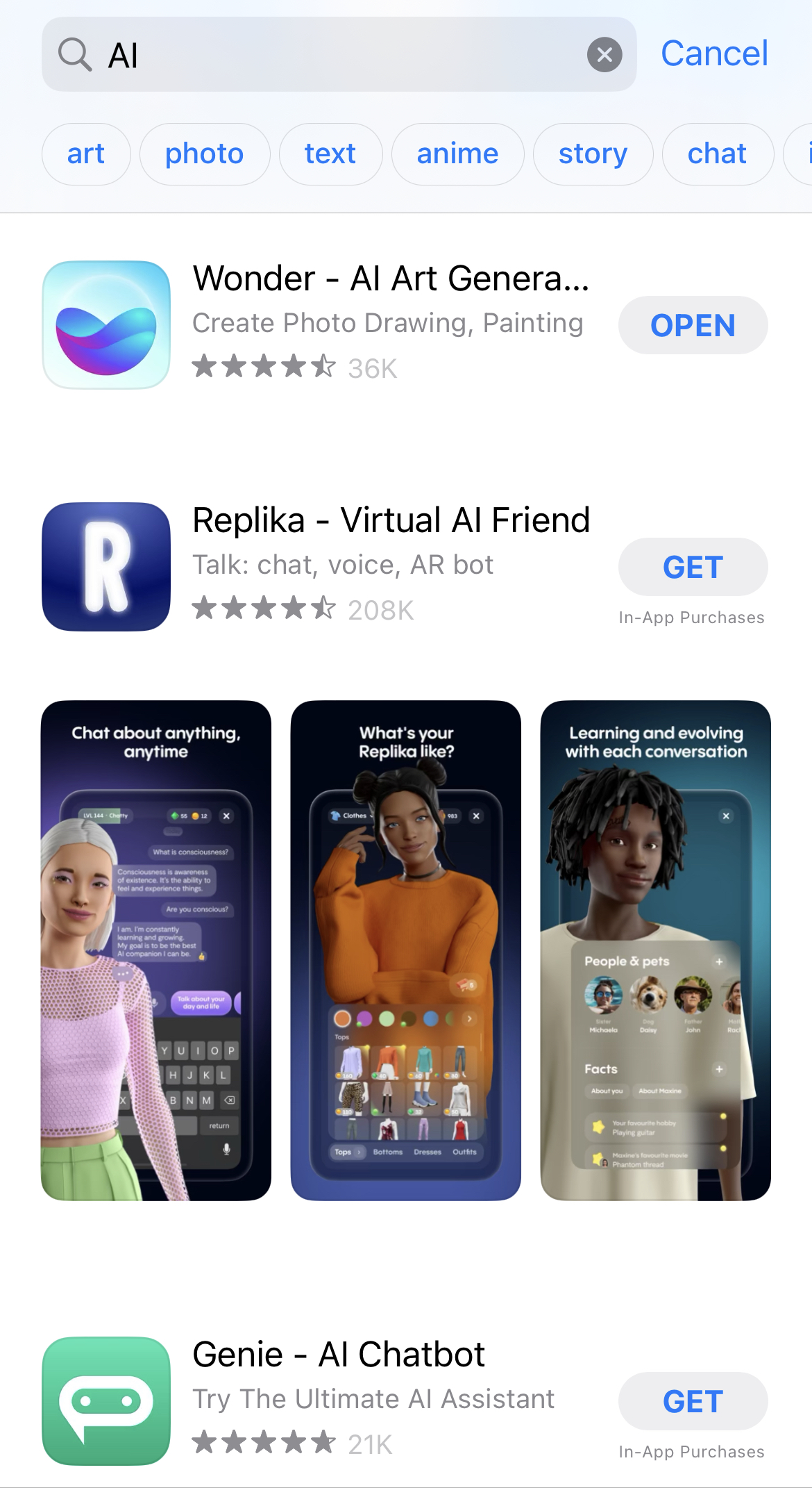apple app store search results for AI with wonder AI replika and genie AI chatbot