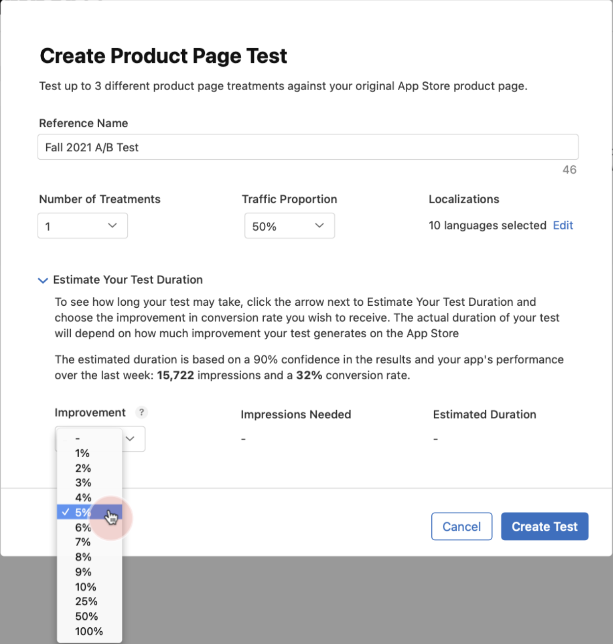 apple product page test set up with dropdown menu for conversion rate improvement estimate