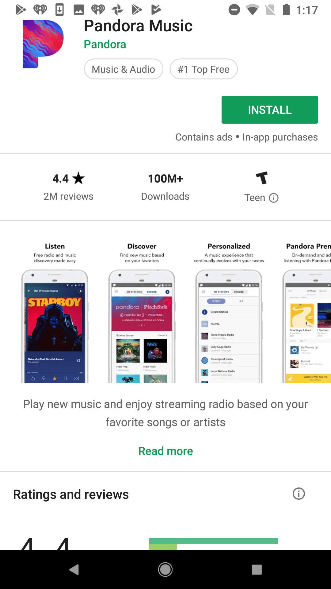 Pandora Music Google Play Store app listing with screenshots