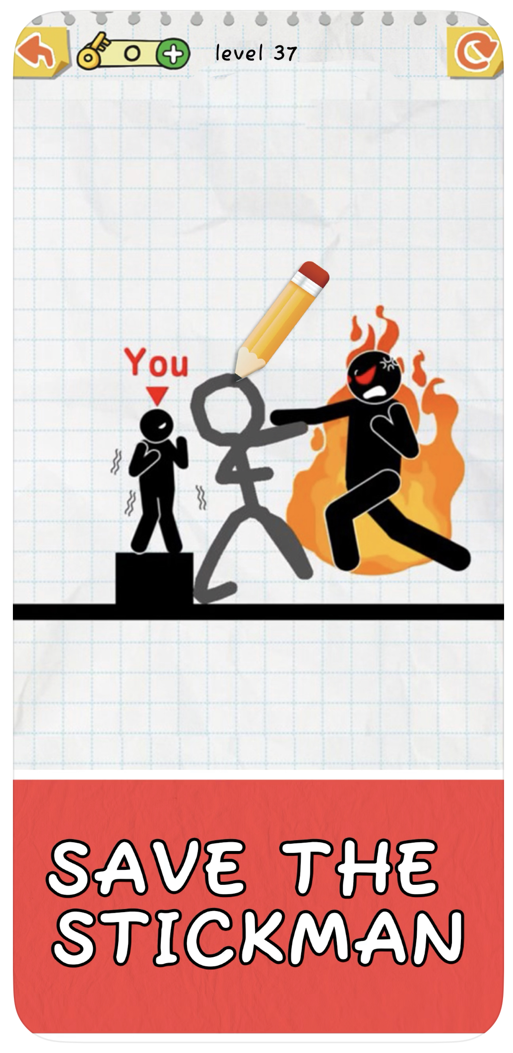 draw 2 save app store screenshot with stick figures fighting and the text "save the stickman"