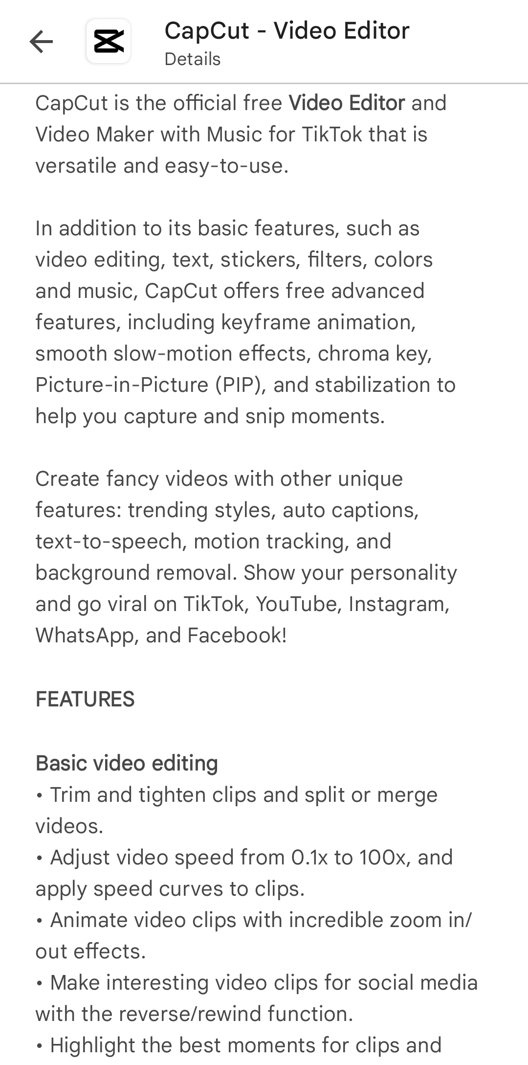 CapCut Play Store Description with red box highlighting it