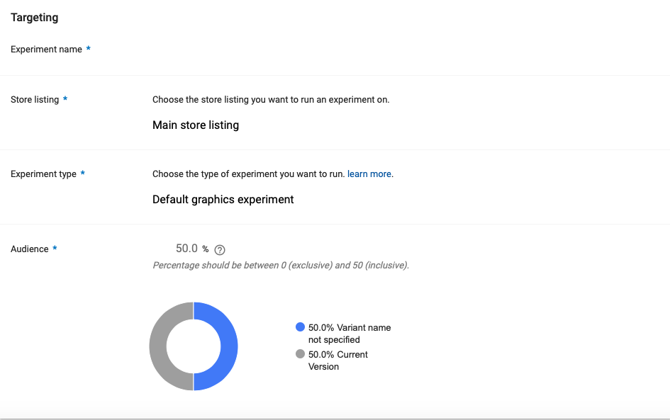 Google Play Experiment Set Up google play experiment set up example showing experiment name, store listing, experiment type, and audience