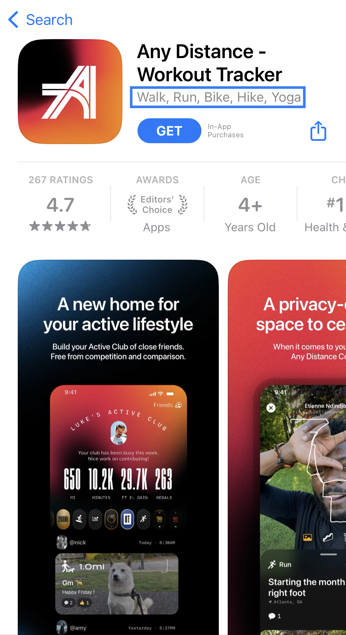 Any Distance App Store Any Distance App Store Listing with subtitle highlighted