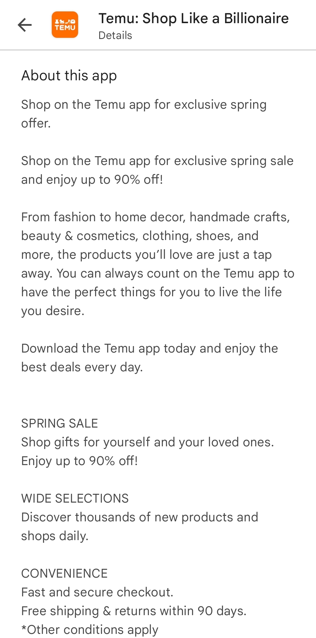 Temu Google Play Description temu shopping app google play store description