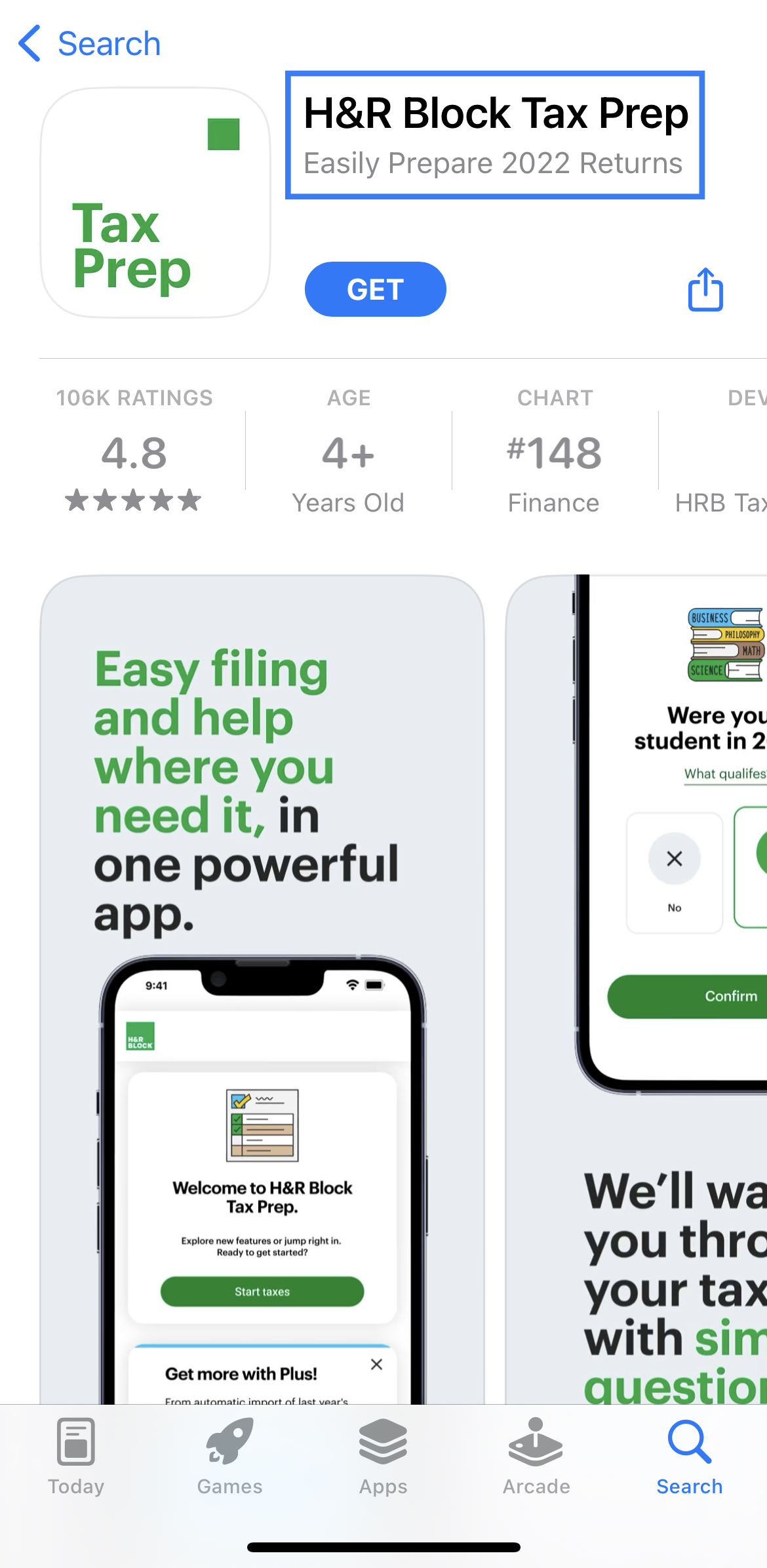 H&R Block Tax Prep App Store Title & Subtitle h&r block app store title and subtitle highlighted in a blue blox
