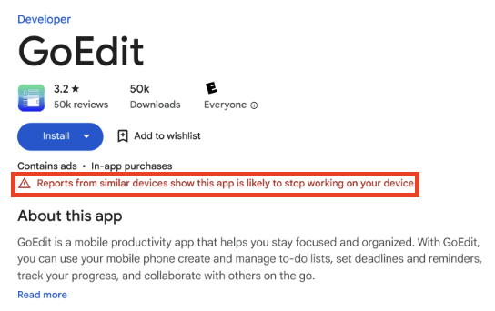 Google Play Store Quality Warning google play store warning label