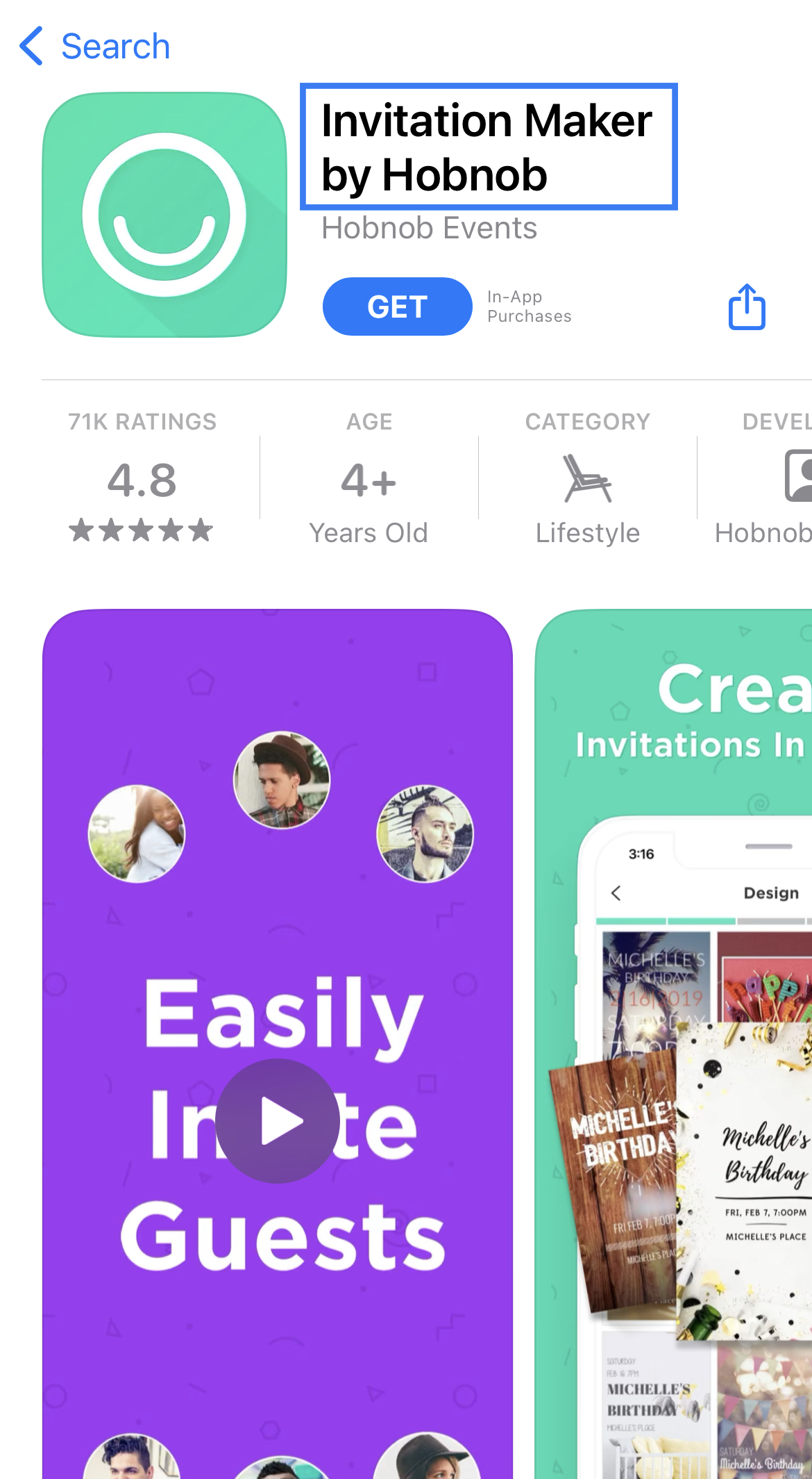 Invitation Maker by Hobnob App Store Product Page invitation maker by hobnob apple app store listing with app title highlighted by a blue box