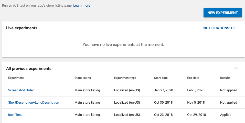 Google Play Console Experiment Dashboard google play experiment new experiment menu showing live and previous experiments