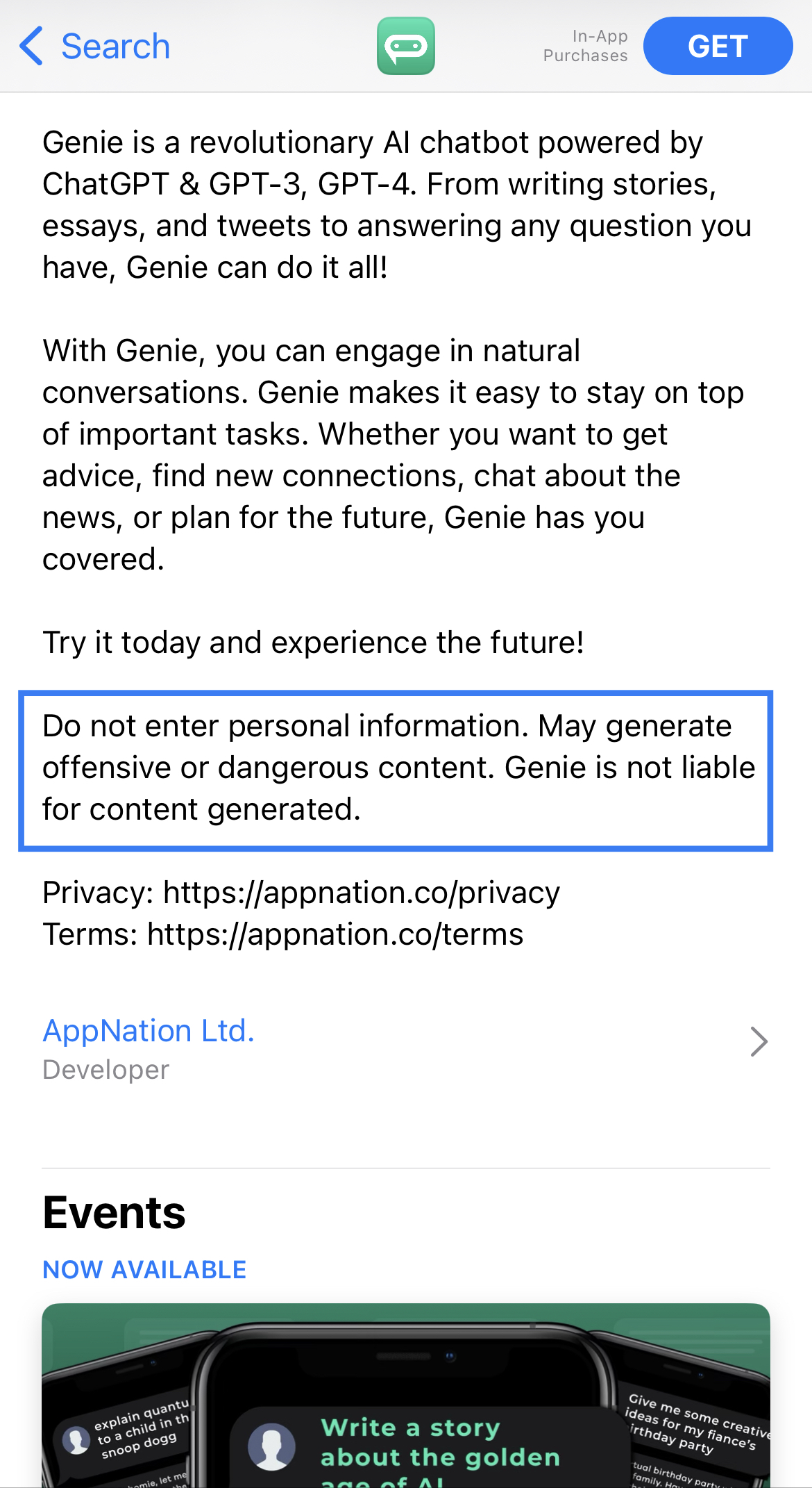 App Store Genie AI Chatbot Description with disclaimer highlighted