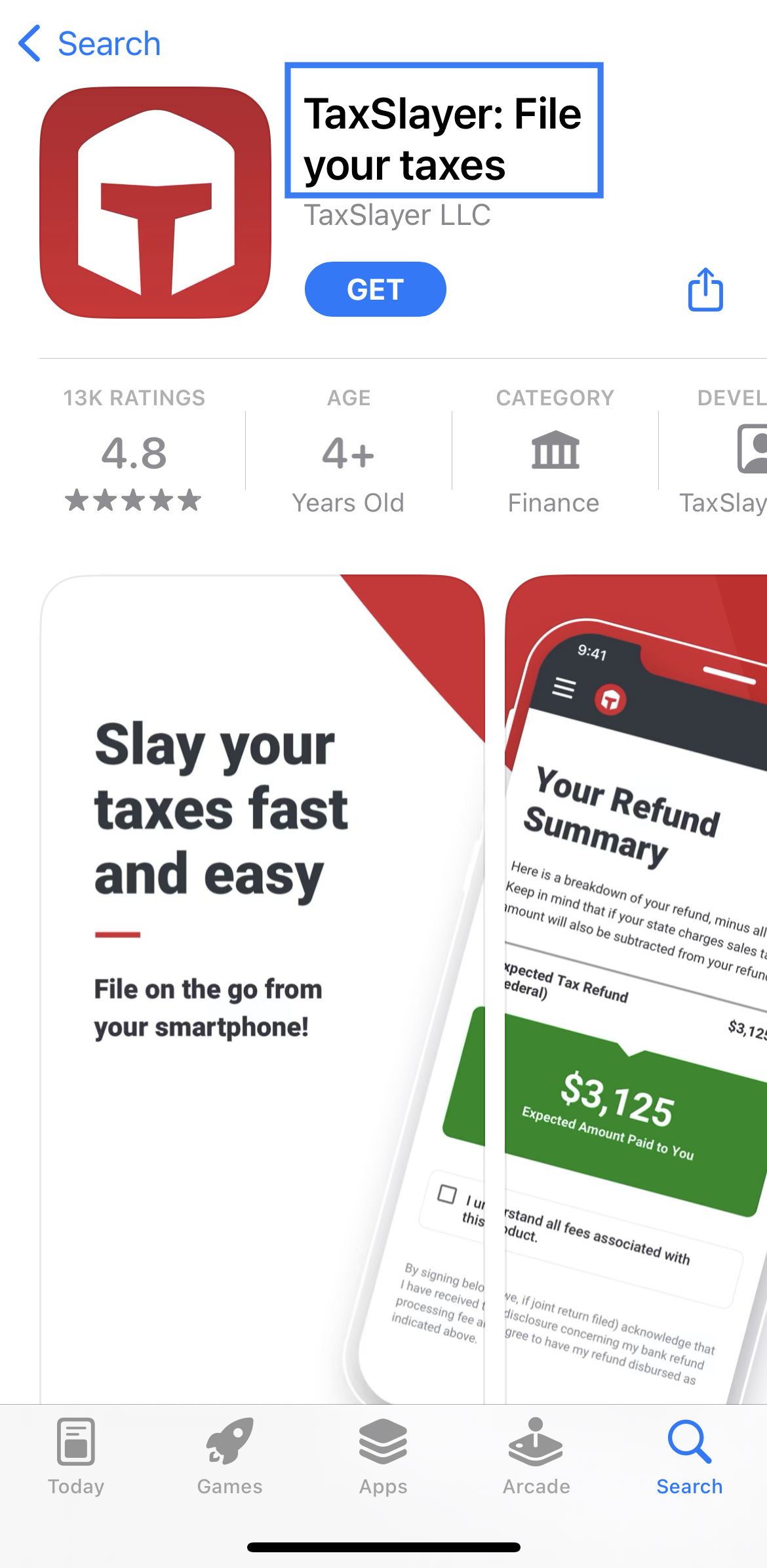 TaxSlayer App Store Title taxslayer app store title highlighted with blue box