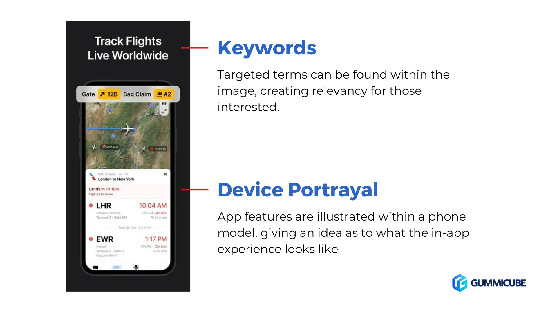 Flighty App Store Screenshot Flighty app store screenshot showing keyword and iphone model