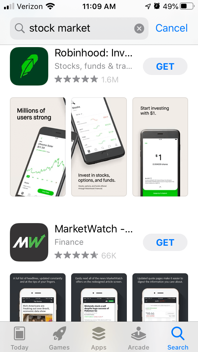 App Store "Stock Market" search results app store results for "stock market" highlighting Robinhood app screenshots