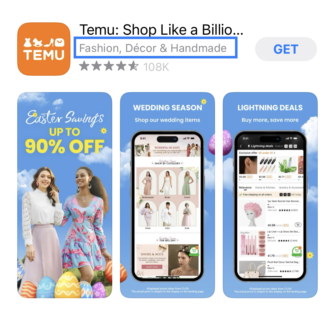 Temu App Store Spring App Listing temu apple app store spring 2023 listing with subtitle highlighted