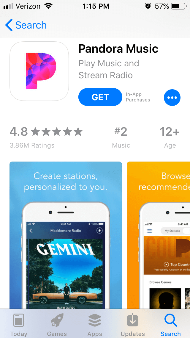 Pandora music iOS app store listing