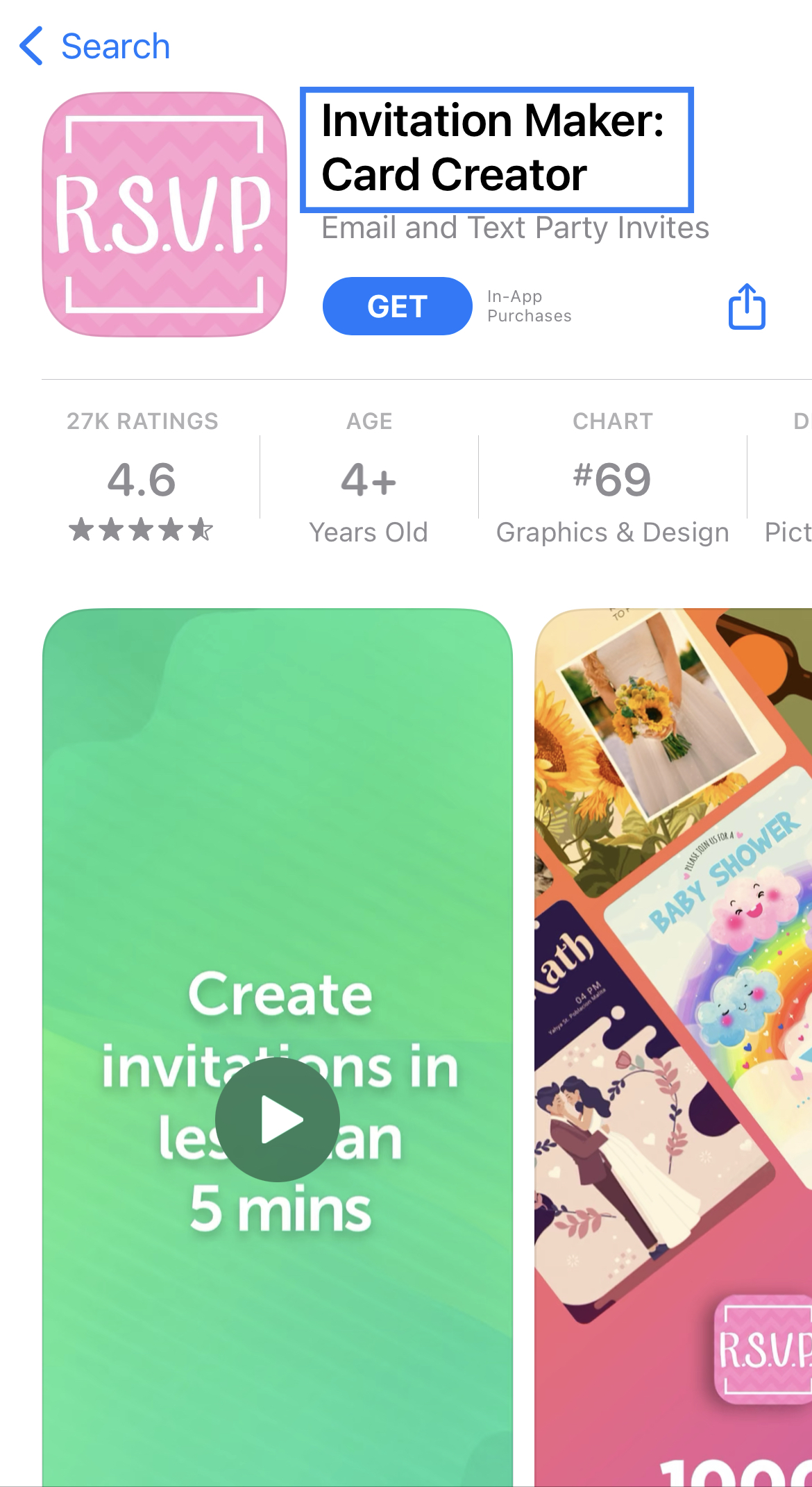 Invitation Maker: Card Creator App Store Product Page invitation maker: card creator apple app store listing with a blue box highlighting the app name