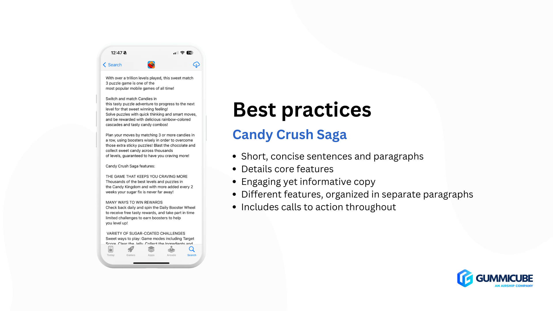 app store description best practices candy crush