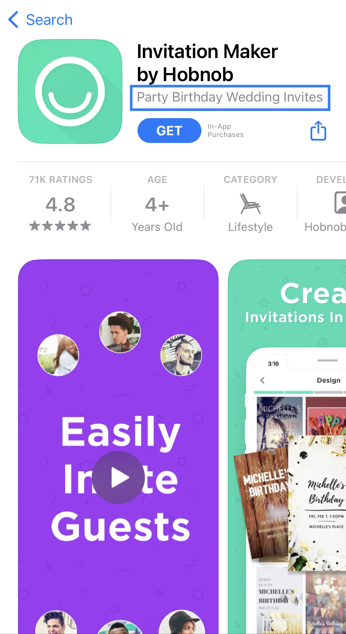 Invitation Maker by Hobnob App Store Product Page Subtitle invitation maker by hobnob apple app store listing with blue box highlight the app subtitle